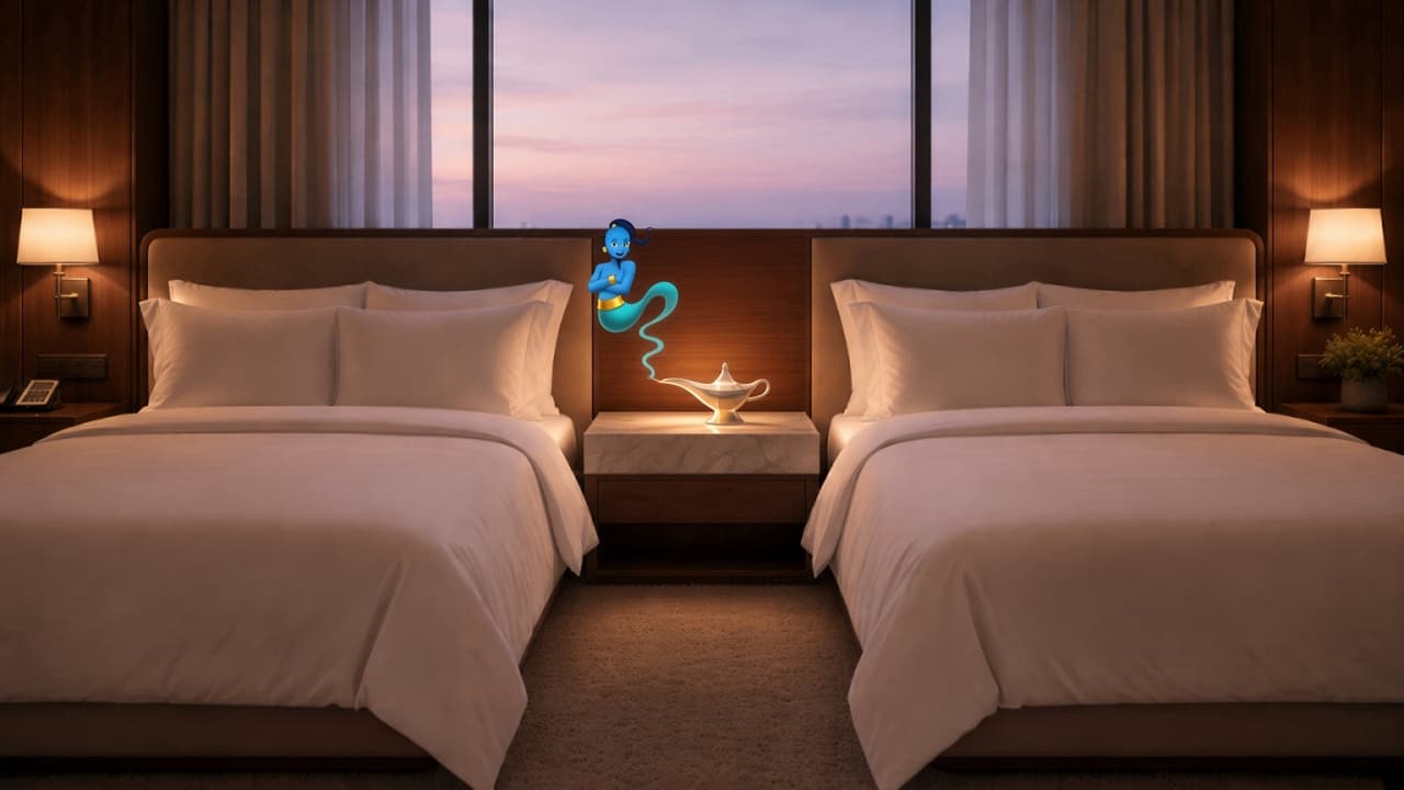 A small genie rising from the lamp between two queen beds